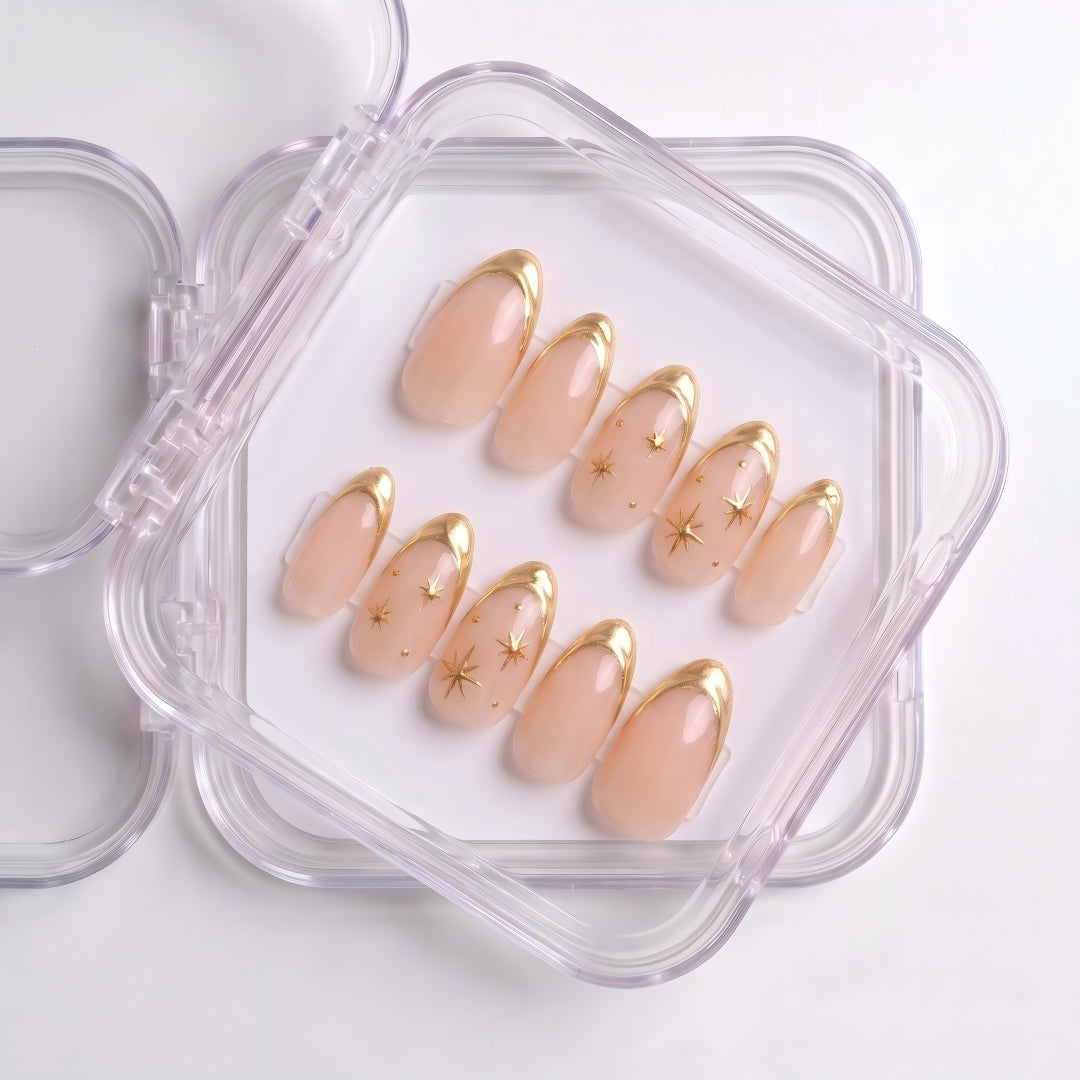 Luxury Metallic Gold French & Starburst Press-On Nails (24 Pcs)
