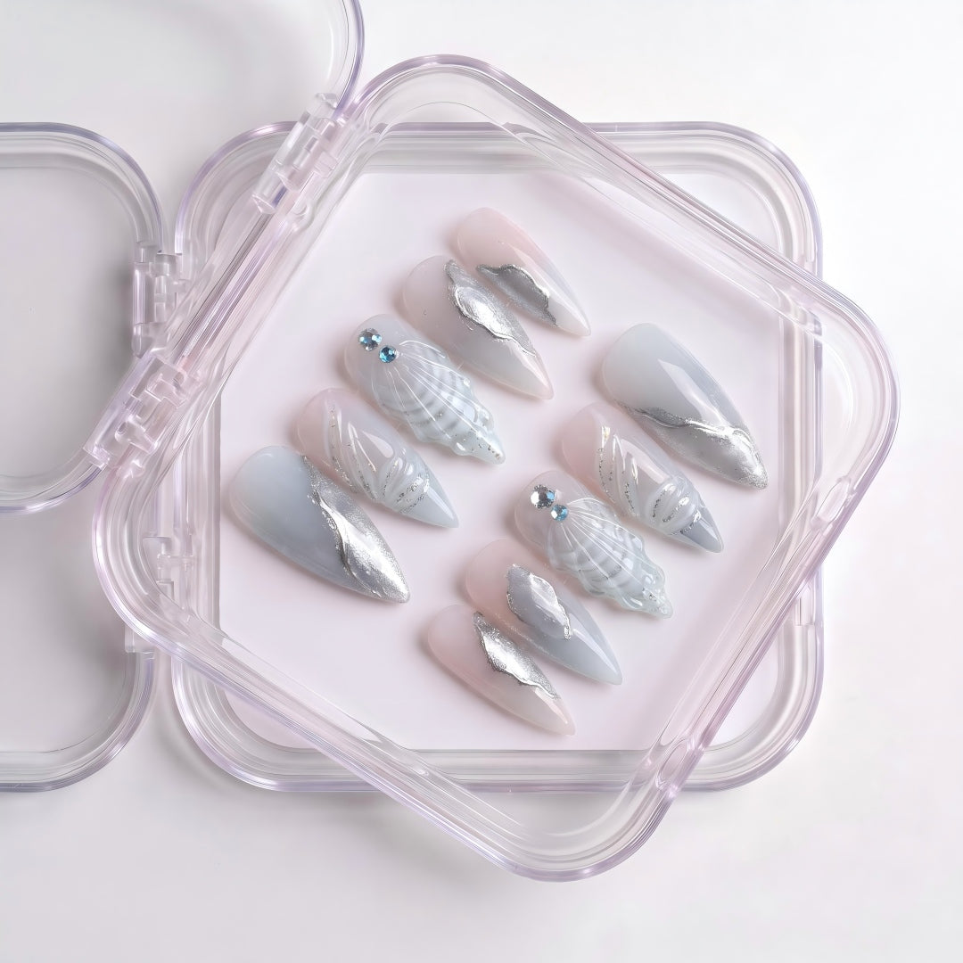 3D Icy Blue Seashell & Silver Metallic Press-On Nails (24 Pcs)
