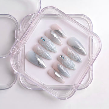 3D Icy Blue Seashell & Silver Metallic Press-On Nails (24 Pcs)