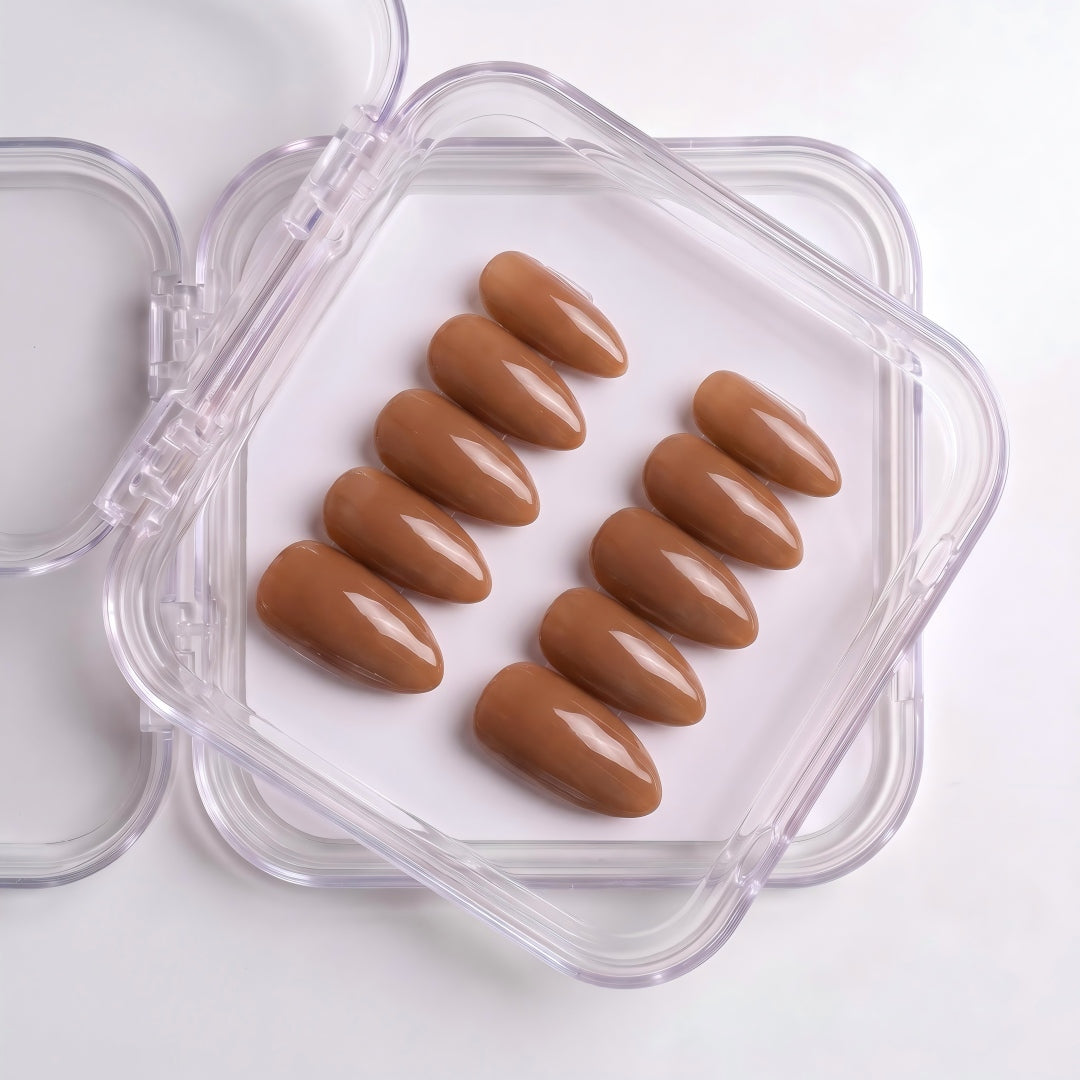 Minimalist Warm Caramel Brown Glossy Press-On Nails (24 Pcs)