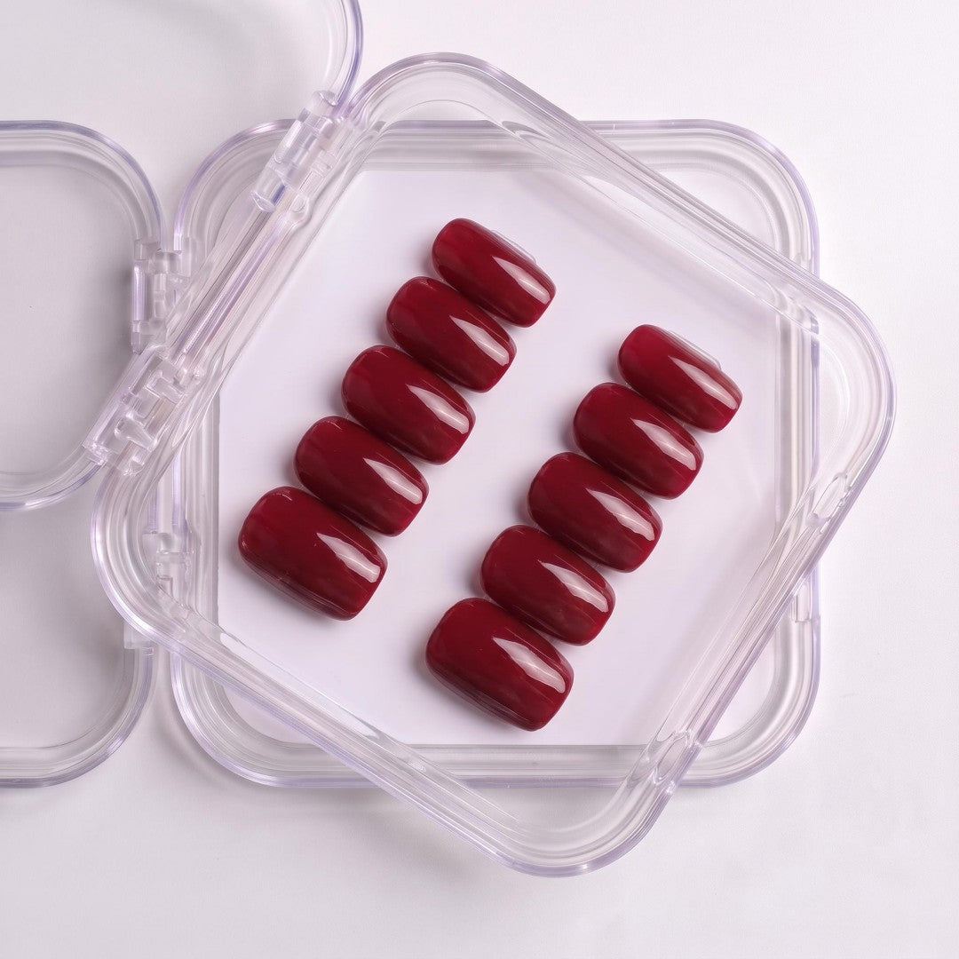 Minimalist Deep Wine Red Glossy Short Oval Press-On Nails (24 Pcs)