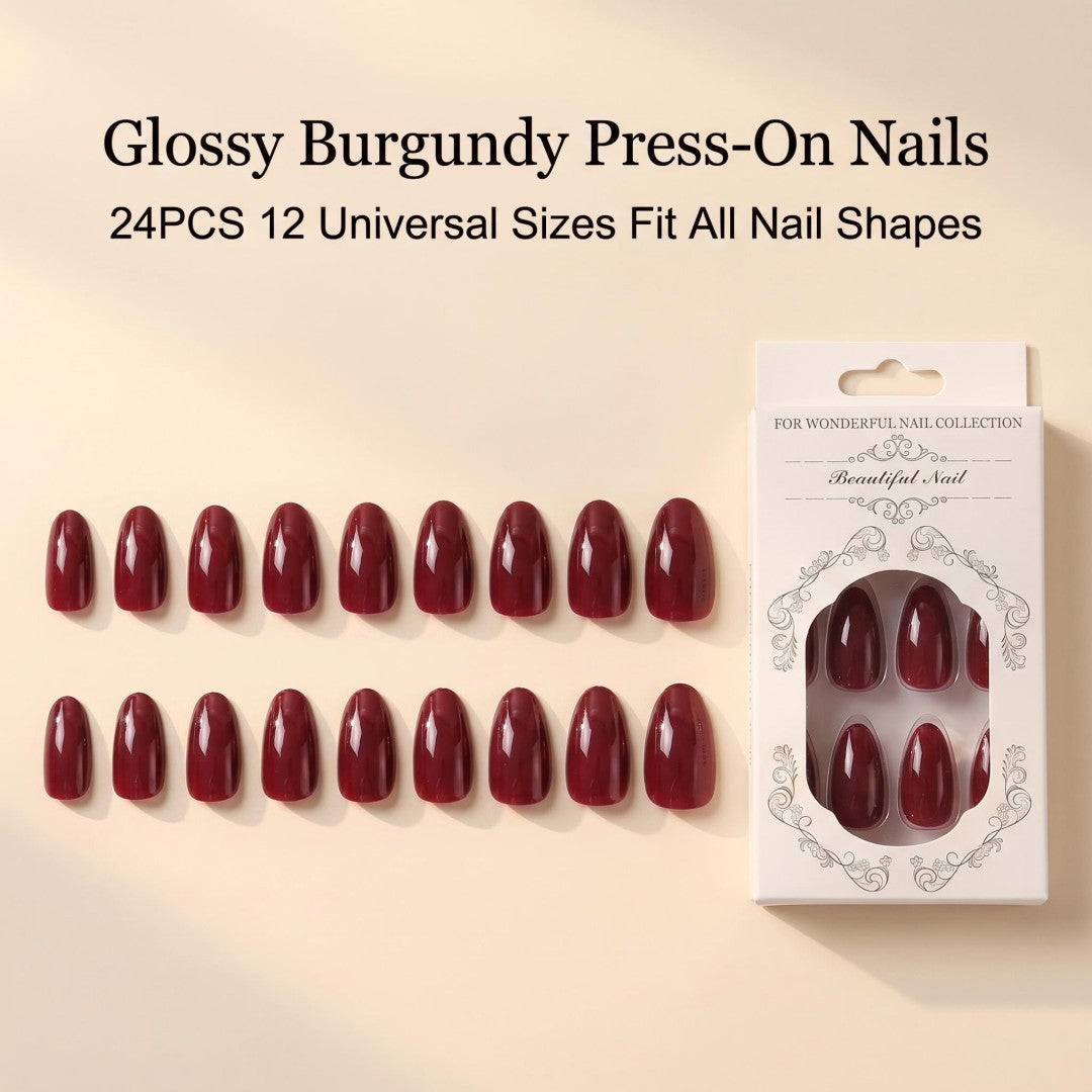 Minimalist Deep Wine Red Glossy Press-On Nails (24 Pcs)