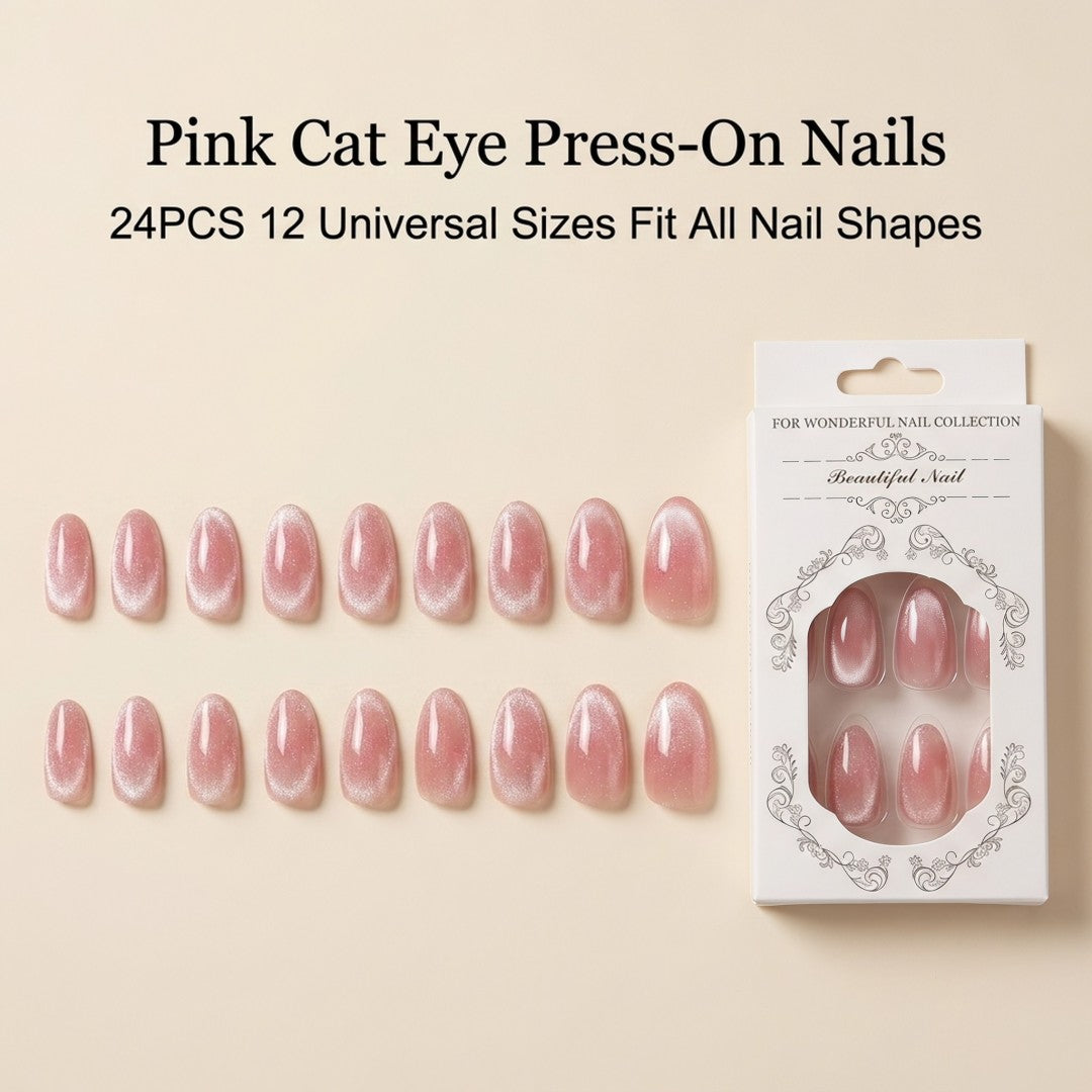 Minimalist Shimmering Rose Cat-Eye Press-On Nails (24 Pcs)