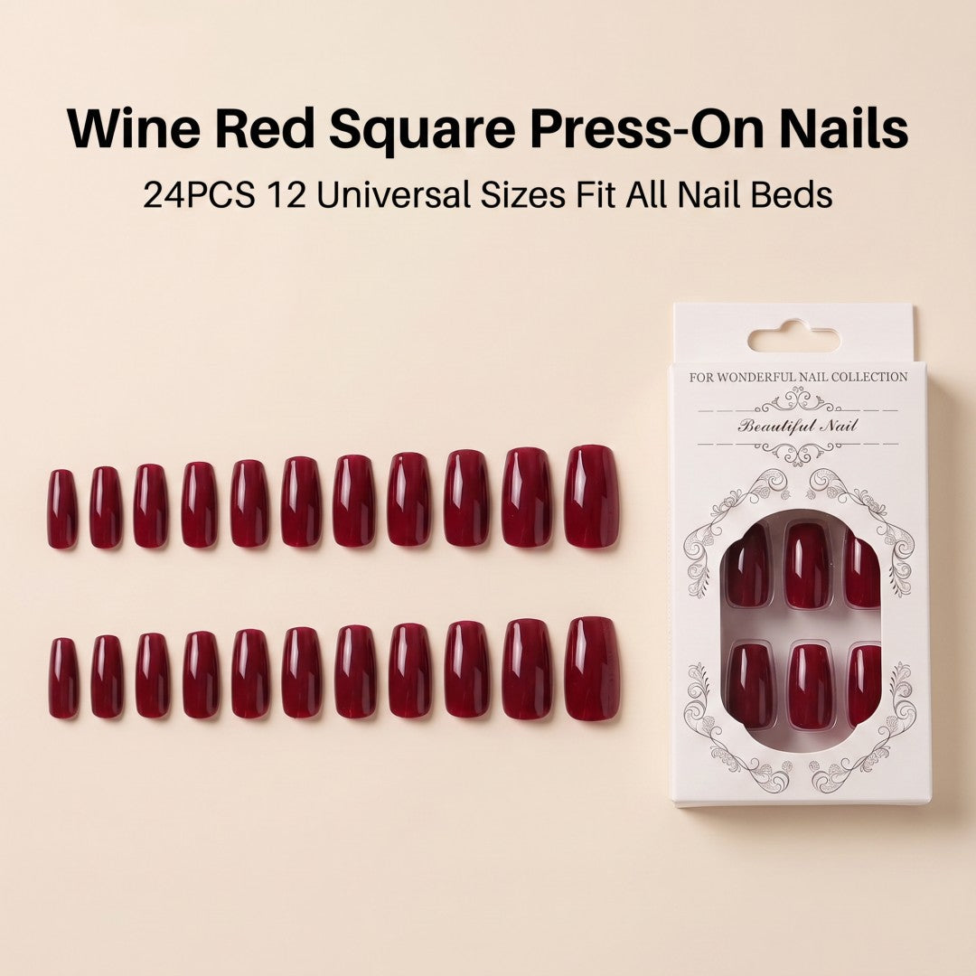 Minimalist Deep Wine Red Glossy Short Oval Press-On Nails (24 Pcs)