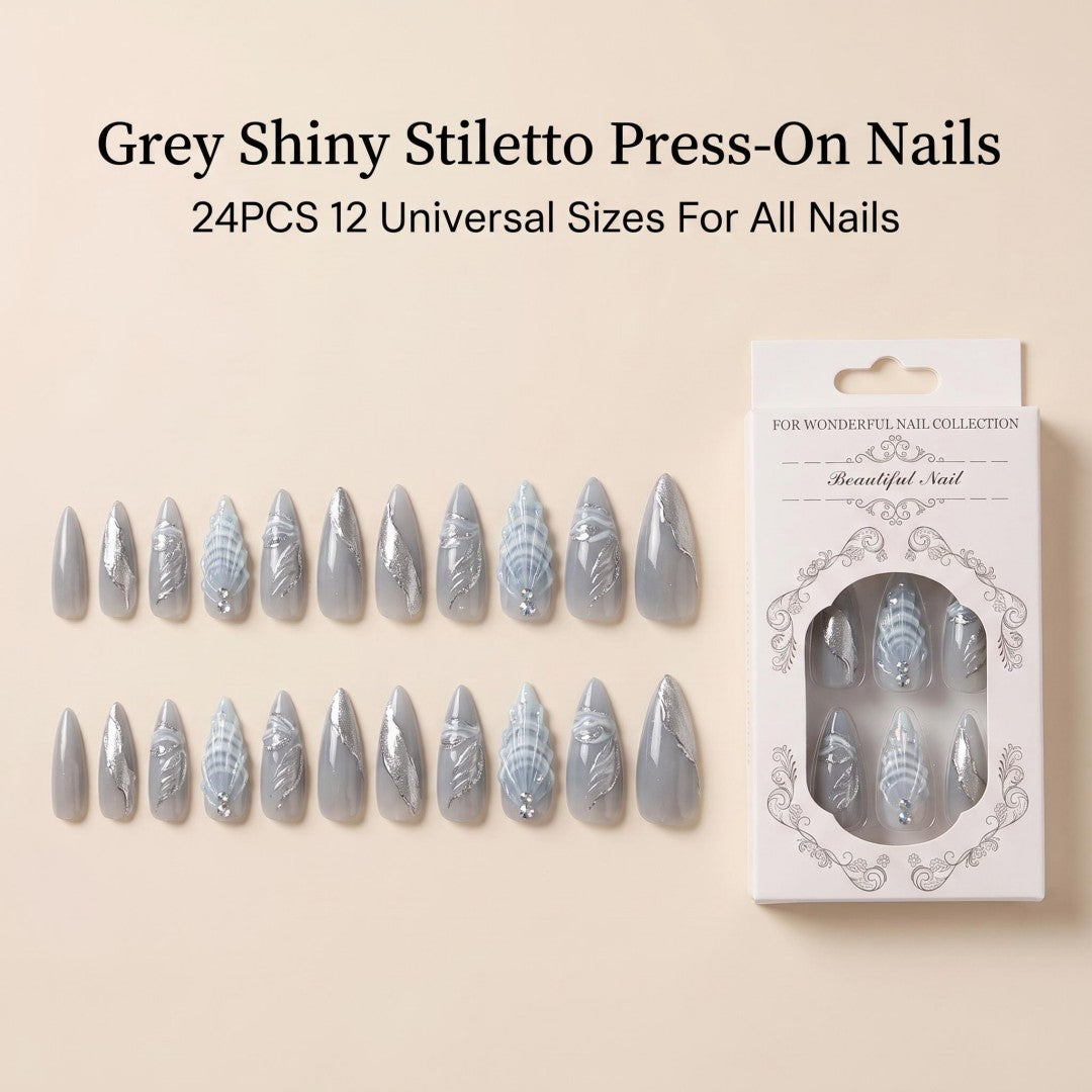 3D Icy Blue Seashell & Silver Metallic Press-On Nails (24 Pcs)