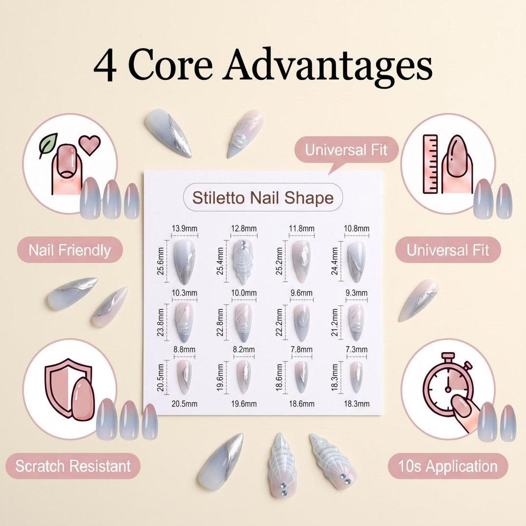 3D Icy Blue Seashell & Silver Metallic Press-On Nails (24 Pcs)