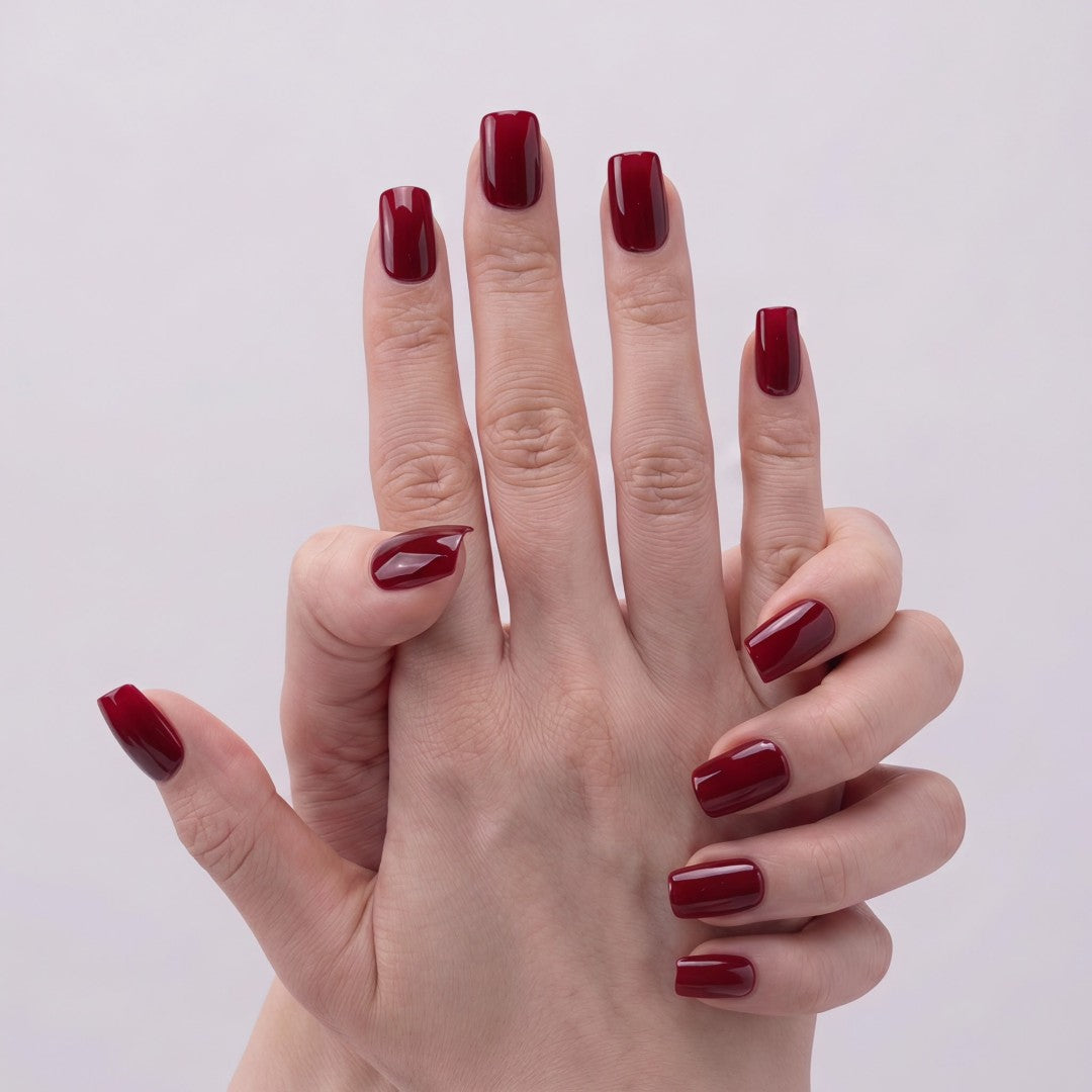 Minimalist Deep Wine Red Glossy Short Oval Press-On Nails (24 Pcs)