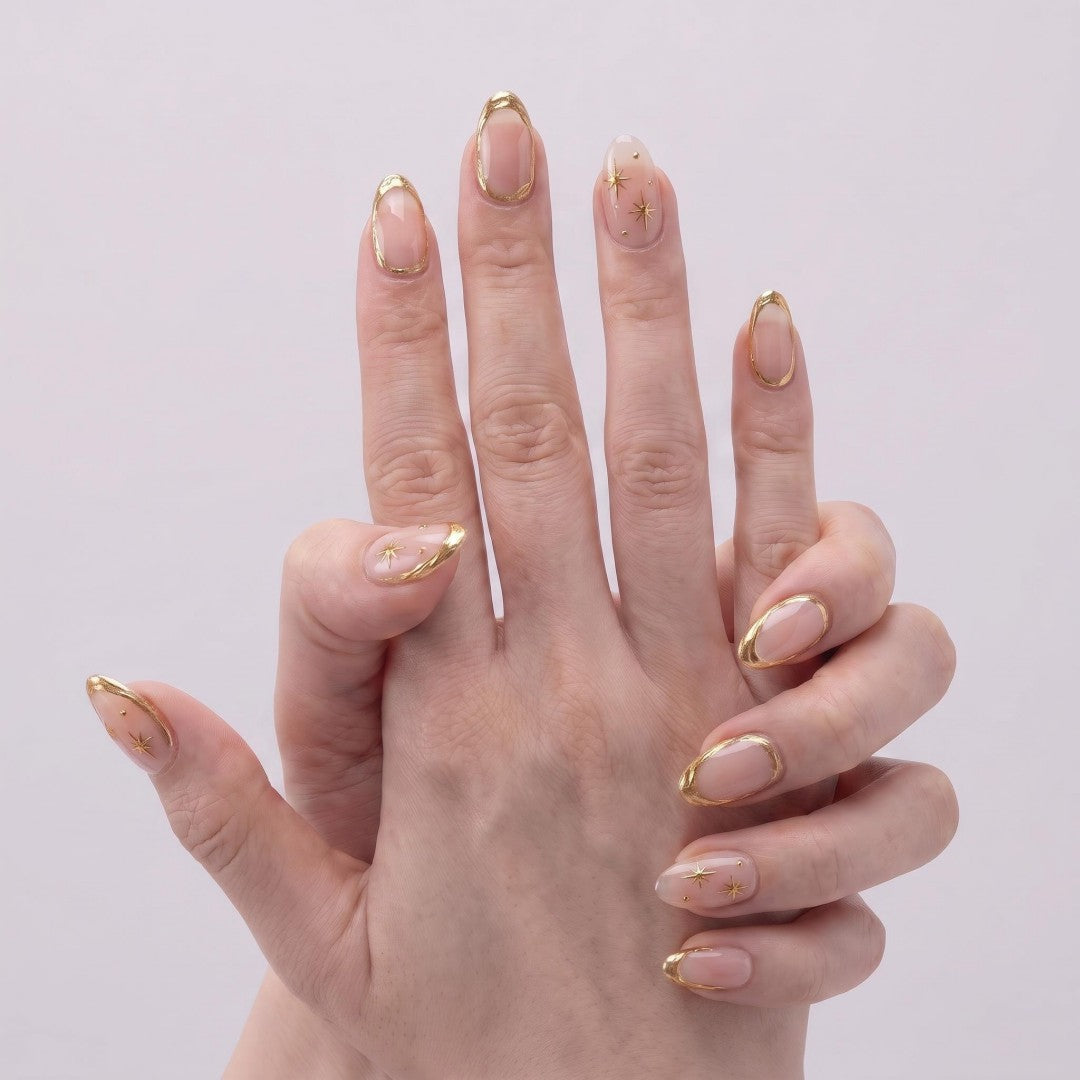 Luxury Metallic Gold French & Starburst Press-On Nails (24 Pcs)