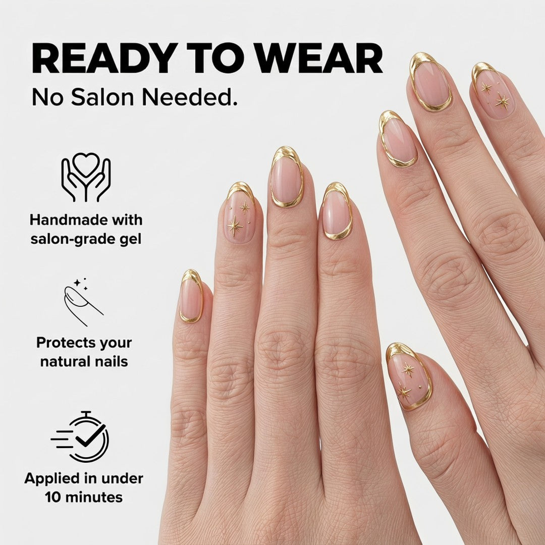 Luxury Metallic Gold French & Starburst Press-On Nails (24 Pcs)
