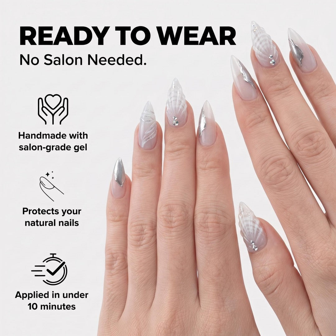 3D Icy Blue Seashell & Silver Metallic Press-On Nails (24 Pcs)