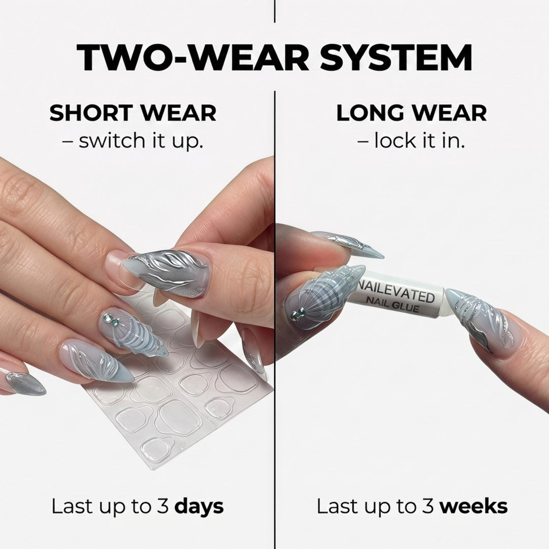 3D Icy Blue Seashell & Silver Metallic Press-On Nails (24 Pcs)